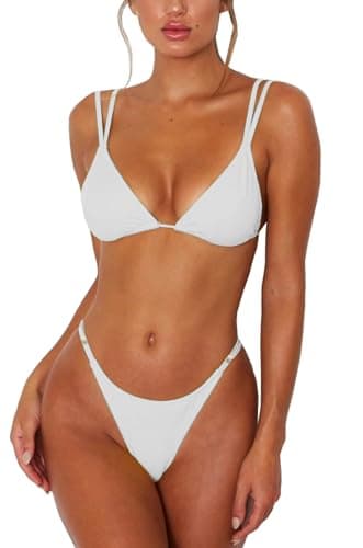 Women's Sexy Bikinis for Women 2 Piece Bikini Spaghetti Strap Halter Swimsuit Cheeky Bikini Adjustable Thong Bottom White S