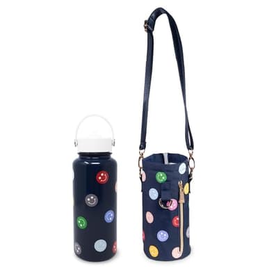 kate spade new york Large Insulated Stainless Steel Water Bottle with Holder, 33 Ounce Metal Water Bottle and Sling, Double Wall Travel Tumbler with Lid, Spade Smiley