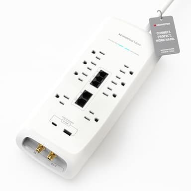 Monster Power Surge Protector w/ 4,050 Jules Rating — Heavy Duty Power Strips with Surge Protection, 8 Outlets, USB-A & USB-C, 2 Coax, 5 Ethernet Ports, Fireproof MOV, Dual Mode (6FT Cord, White)