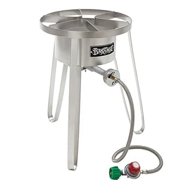 Bayou Classic Heavy Duty Stainless Steel Single Burner High Output Outdoor Stove Propane Gas Cooker with Adjustable Regulator Perfect for Frying, Steaming, Seafood, Home Brewing, Maple Syrup Prep.