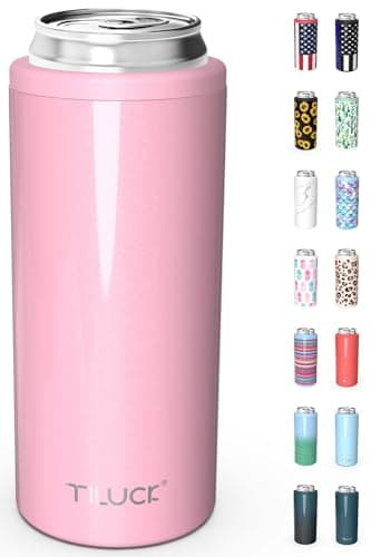 TILUCK Skinny Can Cooler for Slim Beer & Hard Seltzer, Stainless Steel, Doucle-Walled Stainless Steel Insulated Slim Cans, Standard 12 oz (Glitter Blush)