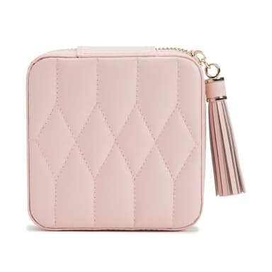 WOLF Caroline Zip Travel Case, Rose Quartz - Seven Ring Rolls, Four Compartments, Three Necklace Hooks & Pocket - Anti-Tarnish LusterLoc Lining