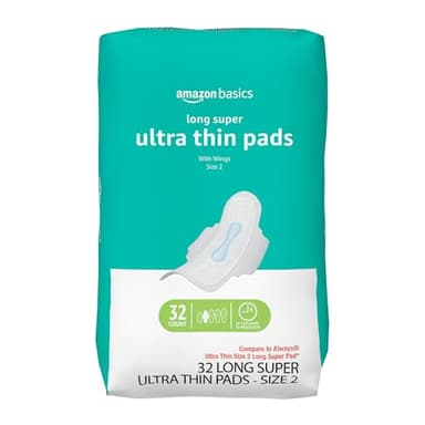 Amazon Basics Menstrual Pads for Women With Flexi-Wings, Long Length, Size 2, Super Absorbency, 32 Count (Pack of 1)