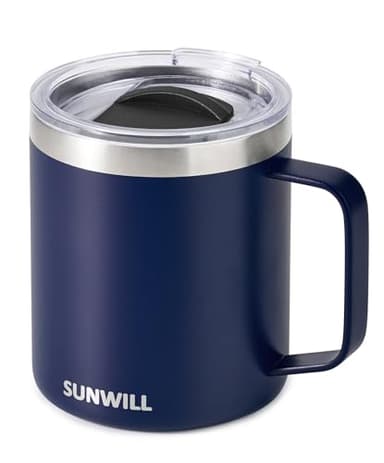 SUNWILL Insulated Coffee Mug with Lid, Travel Tumbler with Handle, 14oz Stainless Steel Cup for Camping, Office, Home, Powder Coated Navy Blue