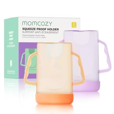 Momcozy Baby Pouch Holder No Squeeze, Baby Food & Juice Box Holder, Mess-Free, Easy Grip for Self-Feeding, BPA-Free & DEHP-Free, Must-Have for Babies, Violet&Orange 2Pcs