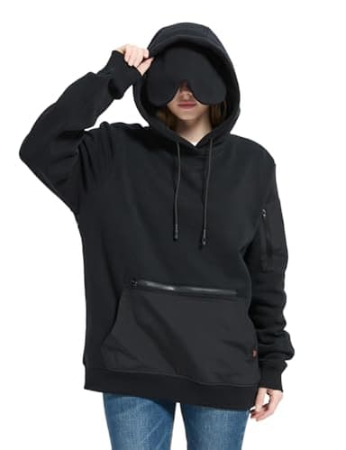 Relexit Travel Hoodie with Built-In Eye Mask for Airplane Travel Breathable Comfort Pullover Sweatshirt Multiple Pockets Black XL
