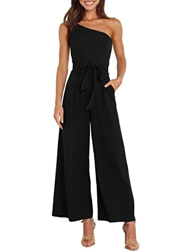 ANRABESS Women Summer Dressy Jumpsuits One Shoulder Sleeveless Casual Wide Leg Pants Romper Jumper 2025 Trendy Fall Outfits Black Small