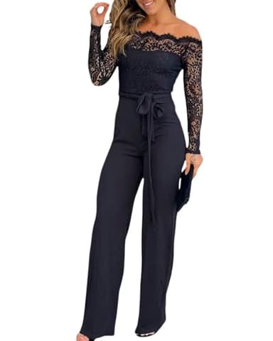 CHICME Women Off Shoulder Long Sleeve Black Jumpsuit Floral Embroidery Lace Overalls Casual Wide Leg Rompers with Belt Black-L