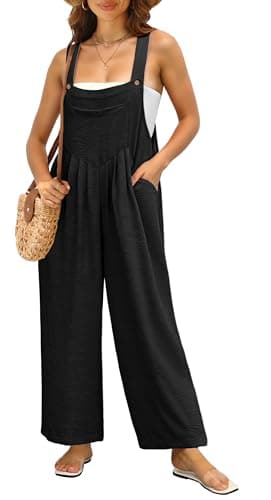 IWOLLENCE Women's Summer Jumpsuits Boho Wide Leg Overalls Casual Loose Rompers with Pockets 2024 Black Large