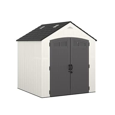 Suncast Ridgeland All-Weather Outdoor 7' x 7' Storage Shed with 327 cu. ft. Capacity, 2 Lockable Double Doors, Windows, Skylights, and Reinforced Resin Floor, Made in The USA