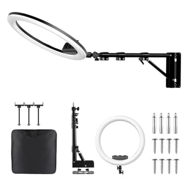 Ring Light Wall Mount with 3 Phone Holder, 19" Adjustable Ring Light with Rotatable Boom Arm, Space-Saving Overhead Lighting Solution for Studio Photography, Salon, Beauty Tattoo Light, Barber Light