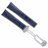 Ewatchparts 22mm Leather Watch Band Strap Deployment Clasp Compatible With Tag Heuer Carrera Monaco Blue With White Stitching