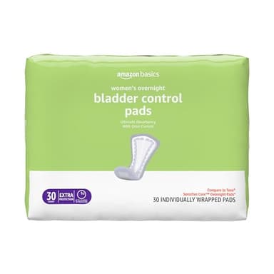 Amazon Basics Incontinence Pads for Women, Postpartum Pads, Bladder Control, Overnight Absorbency, Fresh Protection, Unscented, 30 Count