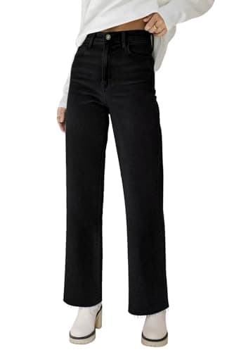 KDF Straight Leg Jeans for Women High Waisted Jeans Frayed Baggy Pants Raw Hem Loose Stretchy Cropped Wide Leg Jeans Black Size 8