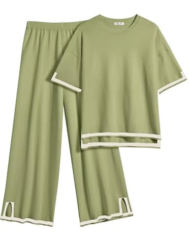 Ekouaer Lounge Set for Women Travel Outfits 2 Piece Sets Short Sleeve Sweater Top Wide Leg Long Pants Loungewear Army Green L