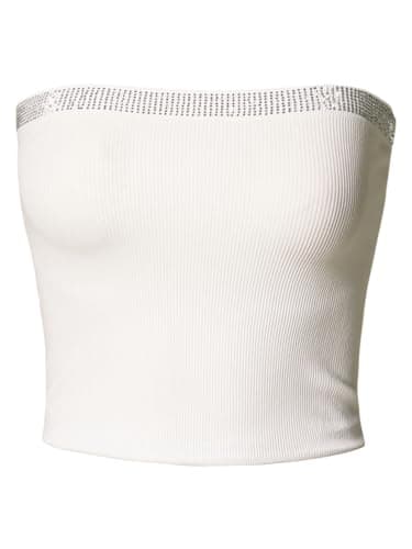 MixMatchy Women's Rhinestone Trim Seamless Rib Tube Tops Sleeveless Bandeau Tank Tops White SM