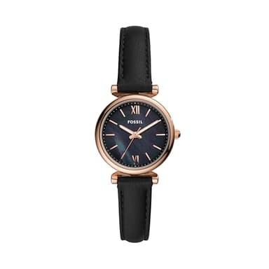 Fossil Women's Carlie Mini Quartz Stainless Steel and Leather Three-Hand Watch, Black Leather/Rose Gold, Model ES4700