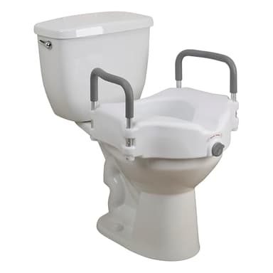 Drive Medical 2-in-1 Raised Toilet Seat with Removable Padded Arms - Elevated Bathroom Safety Support - Secure Locking Attachment - Easy Height Assistance - Durable Construction, Standard Toilets