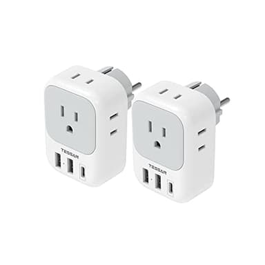 TESSAN 2 Pack Type E F Plug Adapter USB C, Germany France Power Adaptor with 3 USB Charger Ports, 4 AC Outlets Travel Plug for US to Europe EU Spain Iceland Korea Greece Russia German French