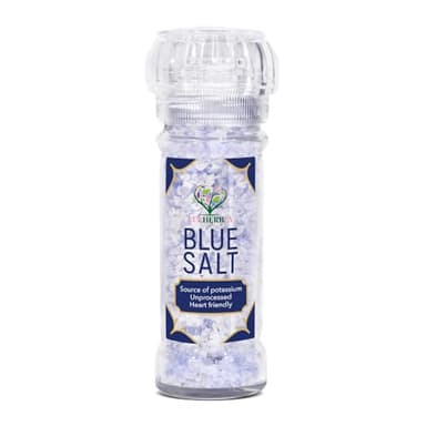 EUPHERBIA Blue Salt, Coarse, Rare Mineral Salt, High Potassium, Lower Sodium, Natural, Unprocessed, Hand Harvested, Kosher Certified (100g with Grinder)