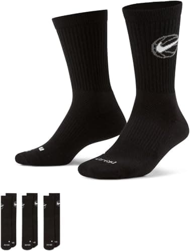 Nike Unisex Everyday Crew Basketball Socks (3 Pair), Black/White, Large