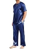 Ekouaer Mens Silk Pajamas Set Round Neck Button Down Short Sleeve Night Shirt Satin Long Pants with Waistband Navy Blue Large