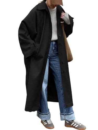 Tankaneo Womens Long Trench Coat Single Breasted Oversized Windproof Classic Lapel Fall Overcoat