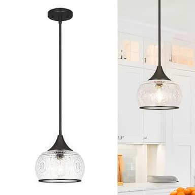 OIYIO Black Pendant Light - Modern Pendant Lights Kitchen Island with Handblown Glass, Vintage Hanging Light for Kitchen with Adjustable Height, Lithging Fixture for Dining Room Sink
