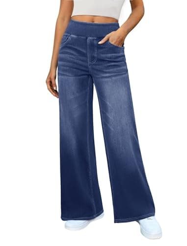 DLOODA Women's Wide Leg Jeans High Waisted Stretchy Denim Pants Elastic Waist Pull On Sweatpant Jeans Trendy Baggy Loose Large Blue