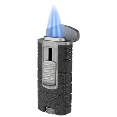 XIKAR Tactical Triple-Jet Lighter, Black and Gunmetal | Powerful Jet Flame for Cigars with Pocket Clip, EZ-View Fuel Window, Adjustable Flame Height & Pull Down Ignition Trigger, Ideal for Outdoor Use