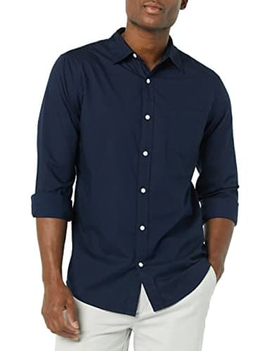 Amazon Essentials Men's Long-Sleeve Slim-Fit Stretch Poplin Shirt, Navy, Medium