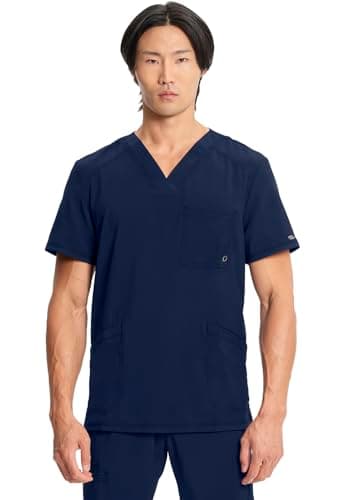Cherokee Infinity Mens V-Neck Scrub Top Modern Fit, 3 Pockets, Rib-Knit Back Panels, Moisture-Wicking 360° Stretch - CK900A, L, Navy