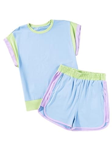 blibean Teen Girls Summer Clothes Sets Big Kids Short Sleeve Matching Outfit Tween Trendy 2 Piece Shirt Shorts Birthday Clothing Pocket Tshirt Tops Dress Rompers Size 8-9 Years Old Light Blue
