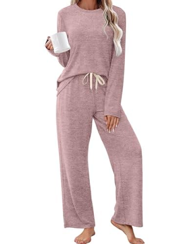 Sampeel Lounge Sets for Women Long Sleeve Pajamas Sets Two Piece Cute Pjs 2 Piece Sets Fashion Fall Outfits 2025 Comfy Winter Clothing Fashion Comfiest Airport Outfits Travel Luxury Pink M
