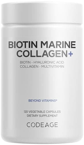 Codeage Biotin Marine Collagen Peptides - Wild-Caught Marine Collagen Types I & III, Biotin, Vitamins C & E, Hyaluronic Acid, Amino Acids, Fruit and Herb Blend, Non-GMO - 120 Capsules