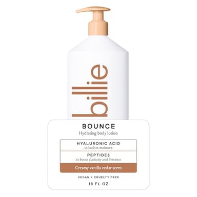 Billie Bounce Hydrating Women's Body Lotion, Vanilla Cedar Scent, with Hyaluronic Acid, 18 fl oz