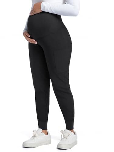 COZYFIT Maternity Scrub Pants - Pregnancy Jogger Pants for Women Workwear with Stretch Belly Panel, 4 Pockets, Black, M