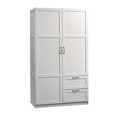 Sauder Select Multipurpose Bedroom Armoire Wardrobe Closet Pantry Storage Cabinet with Storage Drawers and Hanging Rail, in Soft White finish