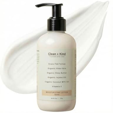 Clean + Kind Daily Moisturizing Lotion – Tallow Body Lotion with Aloe Vera, Shea Butter, Jojoba Oil, MCT Oil & Vitamin E – Deep Hydration for Dry, Rough, Sensitive Skin (8 oz, Vanilla)