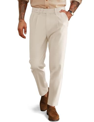 Men's Pleated Tapered Pants Extended Waist Vintage Pleated Cropped Trousers with Slant Pockets for Office Wear Beige L