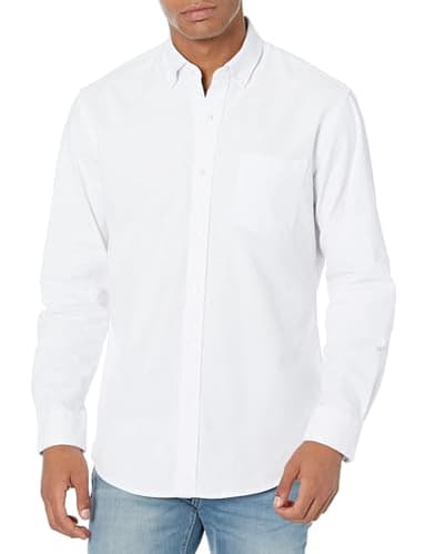 Amazon Essentials Men's Regular-Fit Long-Sleeve Solid Pocket Oxford Shirt Shirt, -white, Large
