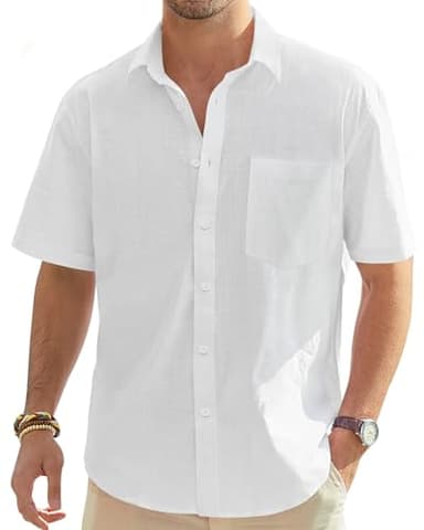 J.VER Men's Short Sleeve Linen Cotton Shirts Casual Button Down Shirt Summer Beach Tops with Pocket White Large