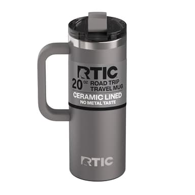RTIC 20oz Road Trip Travel Mug with Lid and Handle, Ceramic Lined, Insulated, Stainless Steel, Metal, Double Wall Vacuum-Insulation, Portable Coffee, Tea Cup for Hot and Cold Drink, Graphite