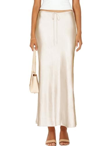 Skrtimory Womens Satin Silk Maxi Skirts Drawstring Flared Casual A-Line Leopard Print Long Skirt for Women