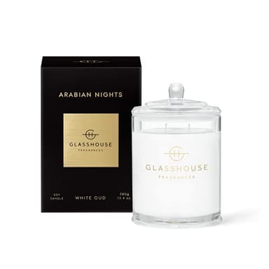 Glasshouse Fragrances Arabian Nights Candle, Triple Scented Natural Soy Wax Blend, 2 Wicks & Glass Jar, 65 Hour Burn Time, White Oud, 13.4 Oz (380g)