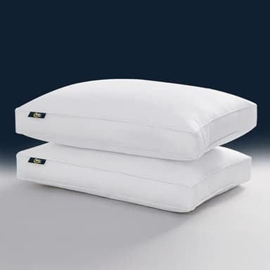 Serta Hotel Collection Pillows Queen Size Set of 2 White Goose Feather Down Fiber Gusseted 100% Cotton Pillow for Back, Stomach or Side Sleepers