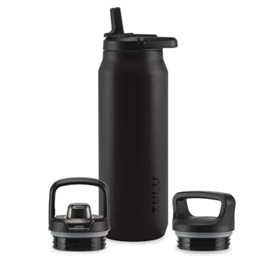 ZULU Base 40oz Stainless Steel Water Bottle with 3 Lids- Straw, Chug, Twist | Double Walled and Vacuum Insulated Metal Thermos | For Gym, Outdoor | Built in Carry Loop, Dishwasher Safe, Black