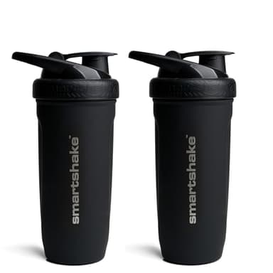 Smartshake 2 Pack Stainless Steel Non-Insulated Protein Shaker Bottle for Protein Mixes, 30 fl oz | Leak Proof Shaker Cups for Protein Shakes | Protein Shaker Bottle Pack | Black