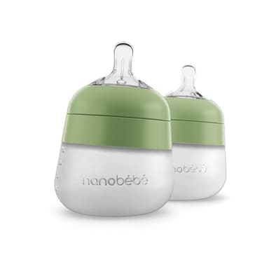Nanobebe Flexy Silicone Baby Bottle, Anti-Colic, Natural Feel, Non-Collapsing Nipple, Non-Tip Stable Base, Easy to Clean 2-Pack, Sage, 5 oz