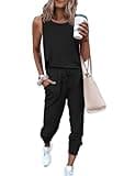 PRETTYGARDEN Women's Two Piece Outfit Sets Casual Summer Sleeveless Crewneck Tops and Sweatpants Active Tracksuit Lounge Wear (Black,Medium)